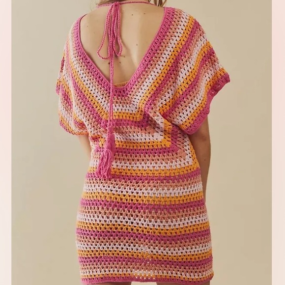 Flook x Free People Eden XS & Med Pink Striped Crochet Handmade Knit Cover-Up - Picture 3 of 5